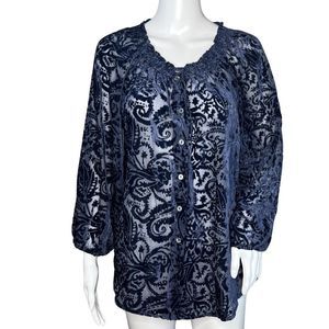 Sundance Shirt Womens Small Blue Reina Velvet Burnout Blouse Sheer Peasant‎ Boho